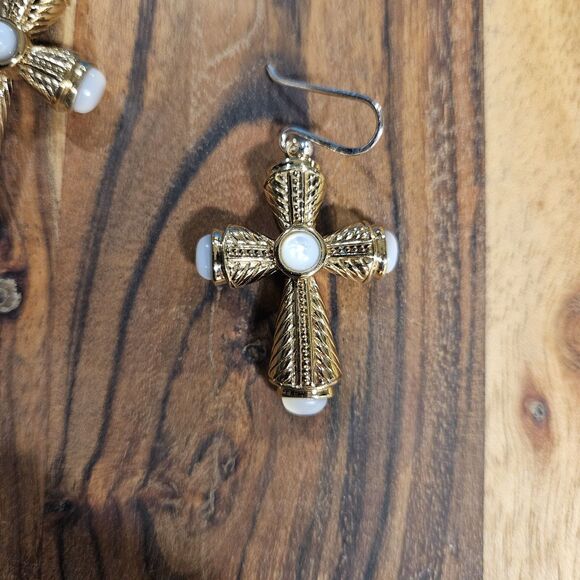 Sally C Treasures Cross Gold Tone Earrings Sterling Silver 925 - Picture 6 of 6